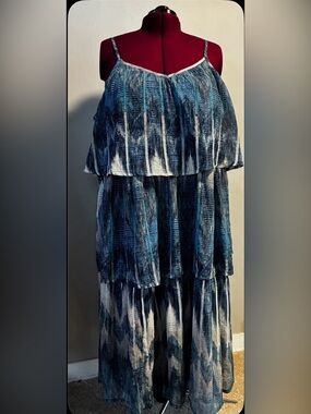 Blue Tiered Midi Dress with Abstract Print